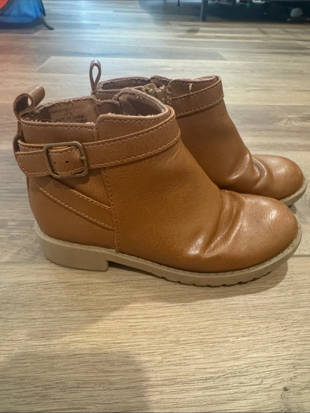 Kids Tan Ankle Boots with Buckle Strap